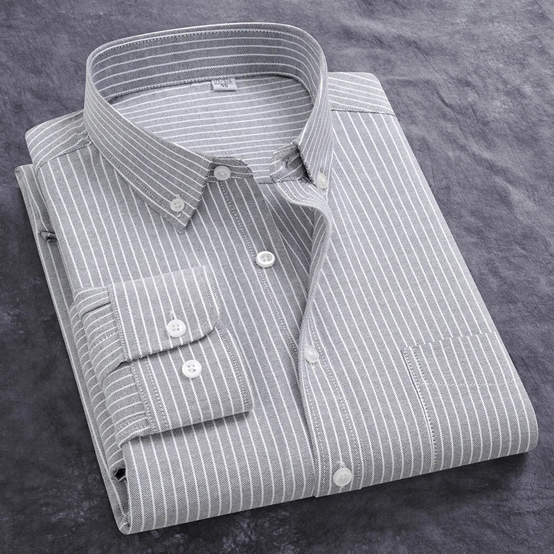 Classic Men's Dress Shirt Spring Long Sleeve 100% Pure Cotton Solid Color Oxford Striped Soft Business Regular Fit Social Blouse