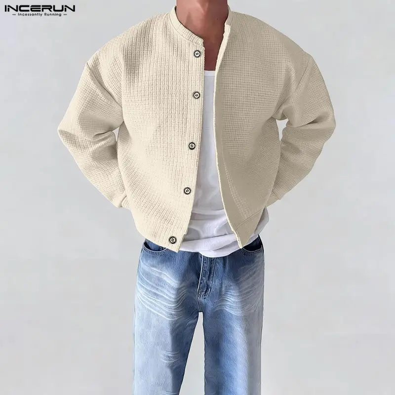 INCERUN Men Jackets Solid Color O-neck Long Sleeve Button Thin Coats Men Streetwear Outerwear 2025 Fashion Casual Male Jackets