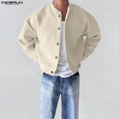 INCERUN Men Jackets Solid Color O-neck Long Sleeve Button Thin Coats Men Streetwear Outerwear 2025 Fashion Casual Male Jackets