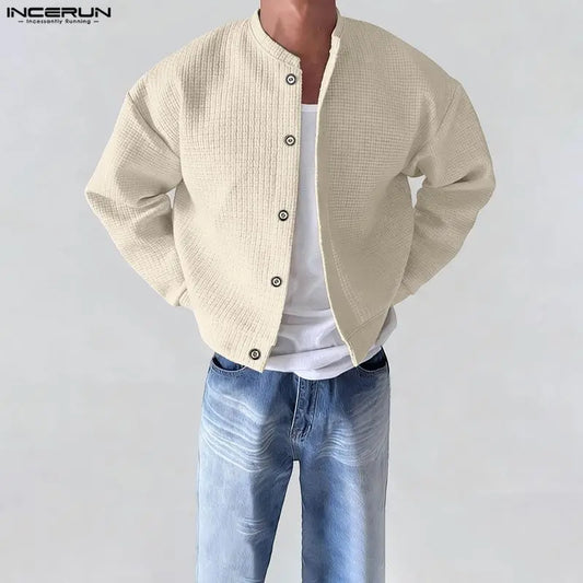 INCERUN Men Jackets Solid Color O-neck Long Sleeve Button Thin Coats Men Streetwear Outerwear 2025 Fashion Casual Male Jackets