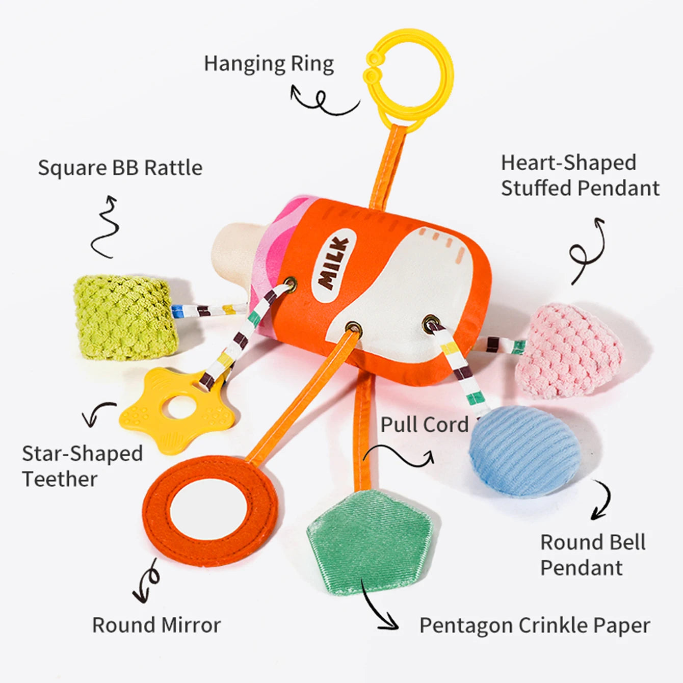 Baby car suction toy bottle, baby Lala toy pendant, newborn drawstring rattle, car seat hanging ornament, soothing accessory