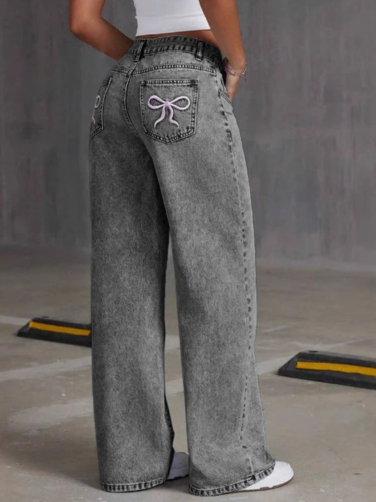 HOUZHOU Women's Loose Fit Distressed Straight Leg Jeans Blue Sweet Bow Embroidery Denim Trousers Casual Baggy Jeans with Pockets