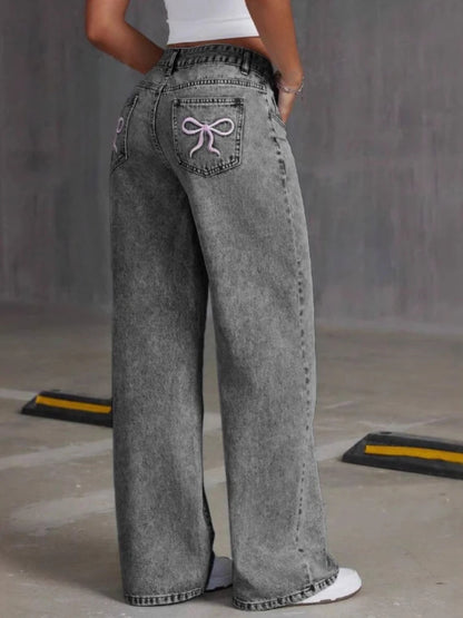 HOUZHOU Women's Loose Fit Distressed Straight Leg Jeans Blue Sweet Bow Embroidery Denim Trousers Casual Baggy Jeans with Pockets