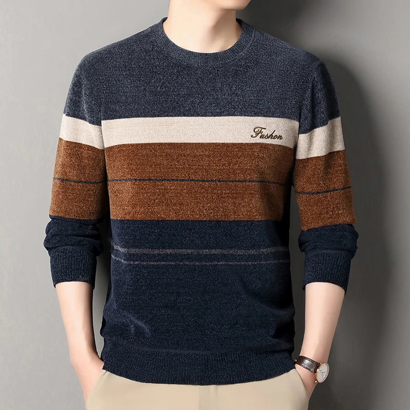 Men's Lapel Sweater Fashion Striped Knitted Pullovers Autumn Winter Fleece Lined Knitwear Thickened Jumpers New Jersey