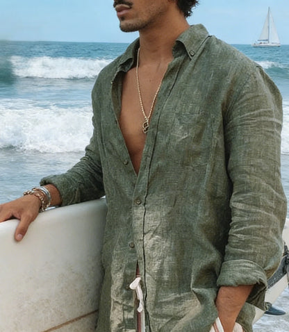 Men's new men's long sleeve buttoned cotton linen shirt lapel cardigan