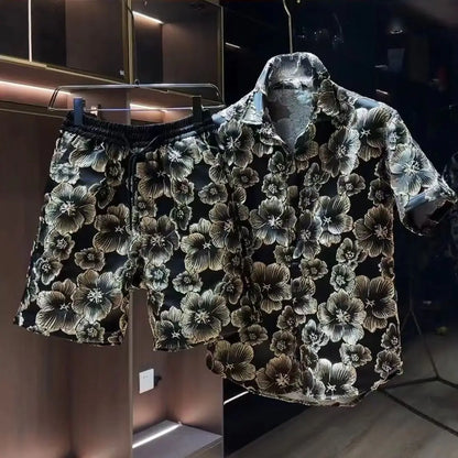 Ethnic Style Embossed Gold-hot Flower Short-sleeved Shirt and Shorts Two-piece Set Men Summer Loose Black Gold Shirt Set