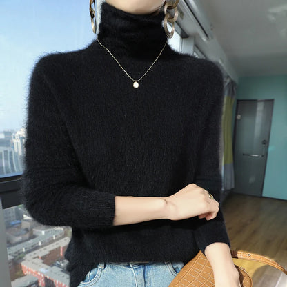 Autumn And Winter New 100% Pure Mink Cashmere Sweater Women's Pile Collar Pullover Slim Sweater Knitted Bottoming Shirt