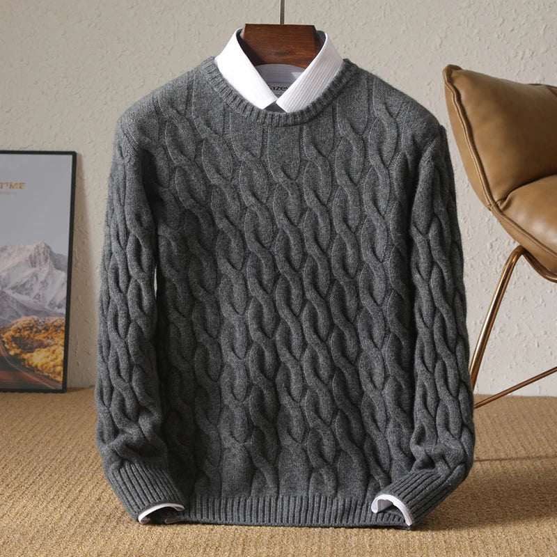 Autumn Winter Thickened Cashmere Sweater 100% Merino Wool Men's Top O-Neck Twisted Pullover Knitted Loose Long Sleeve Sweater