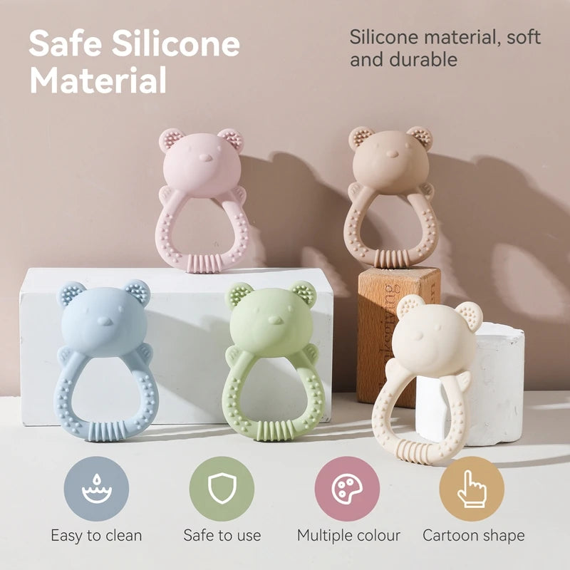 Silicone Teether for Babies Food-Grade Teething Toy Rattle 0-12 Months Baby Sensory Toy Bear Hand Bell Silicone Teething Toy