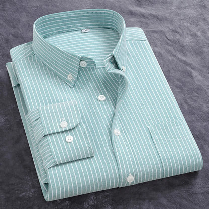 Classic Men's Dress Shirt Spring Long Sleeve 100% Pure Cotton Solid Color Oxford Striped Soft Business Regular Fit Social Blouse