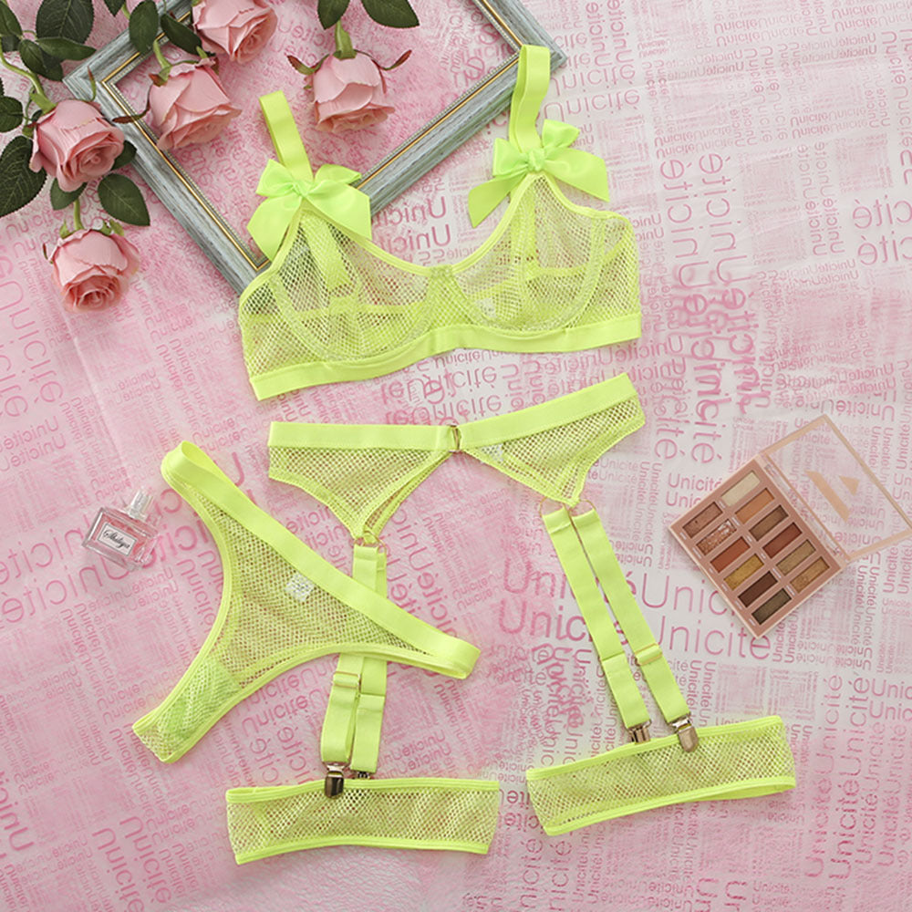 Lace Fluorescent Color Breathable Mesh Underwear Three Piece