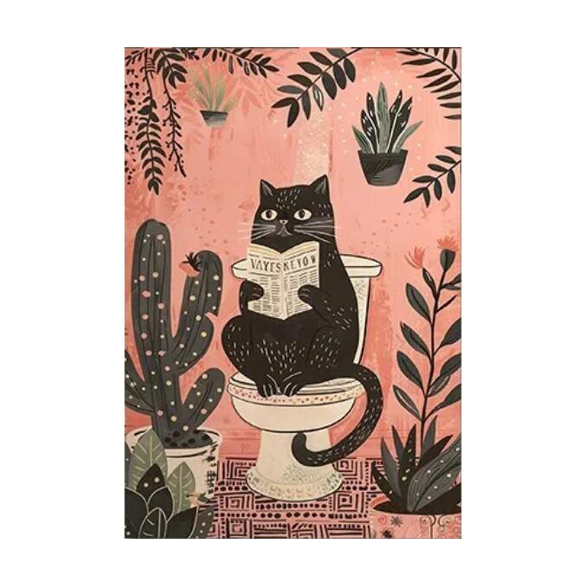 Funny Black Cat Reading Poster Printed Canvas Decorative Painting On Toilet