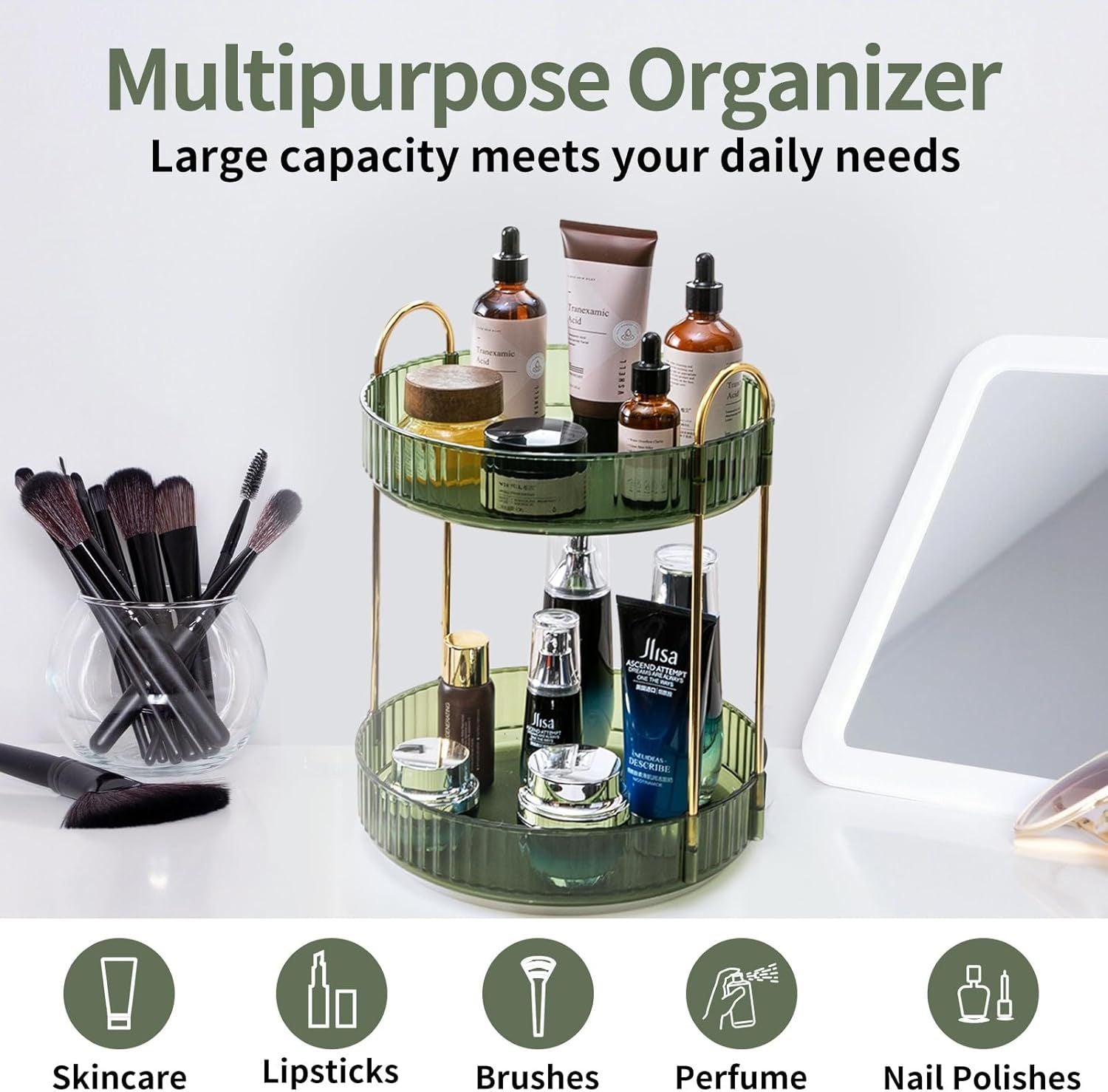 360 Rotating Makeup Organizer - 3-Size Spinning Cosmetic & Skincare Holder For Vanity Countertop 3 Colors