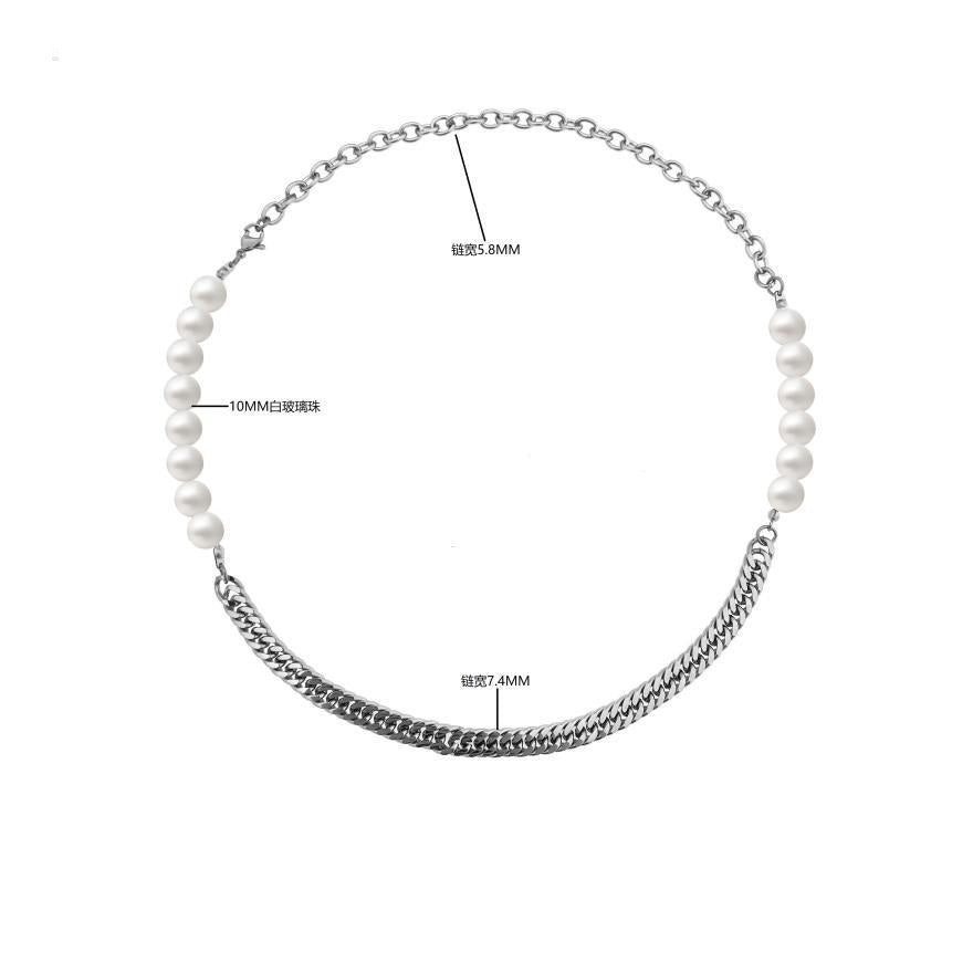 Hip Hop Titanium Steel Stitching Pearl Necklace For Men And Women Trendy Ins Cold Style Sweater Chain Niche Design Accessories