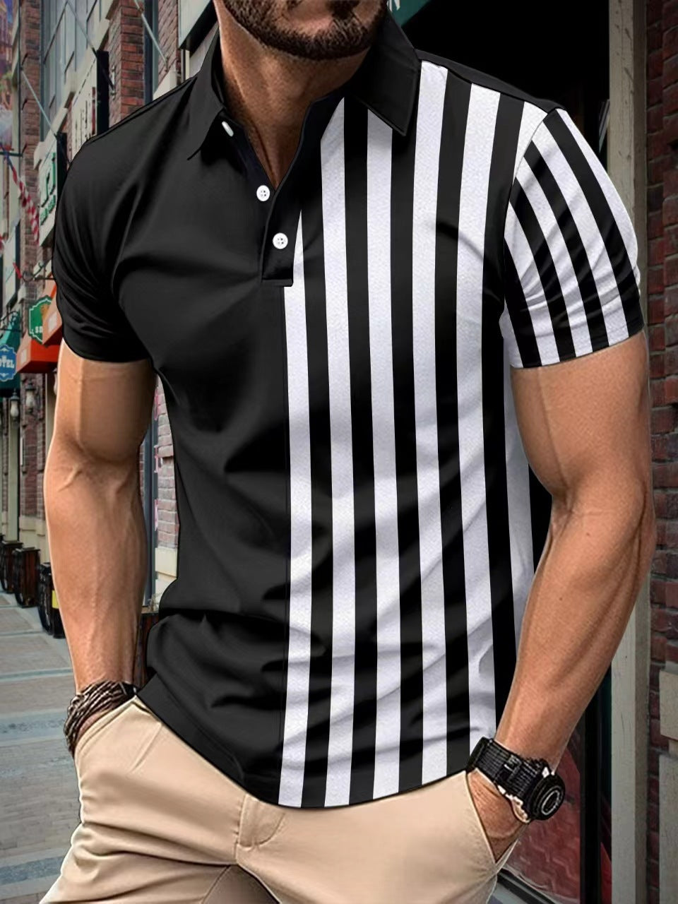 Striped Printing Lapel Polo Shirt Men