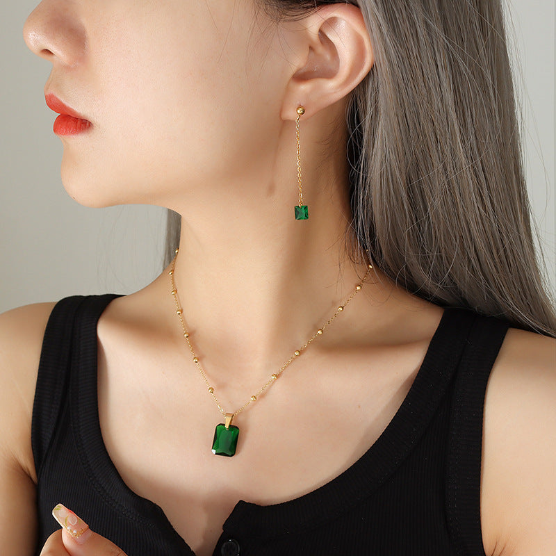 Emerald Zircon Pendant Necklace Earring Jewelry Set
