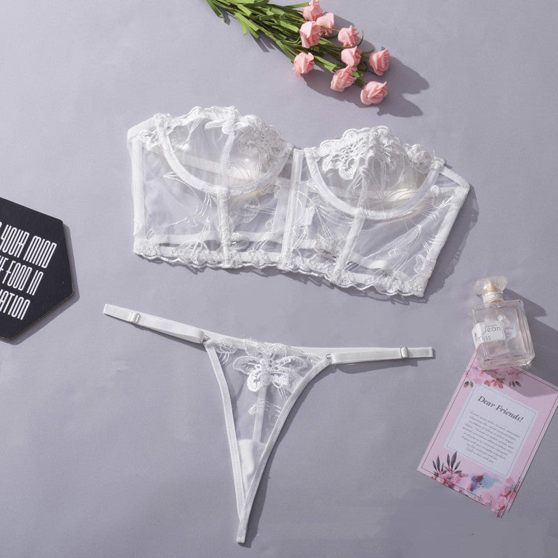 Women's Fashion Embroidery Brassiere Steel Ring Underwear Two-piece