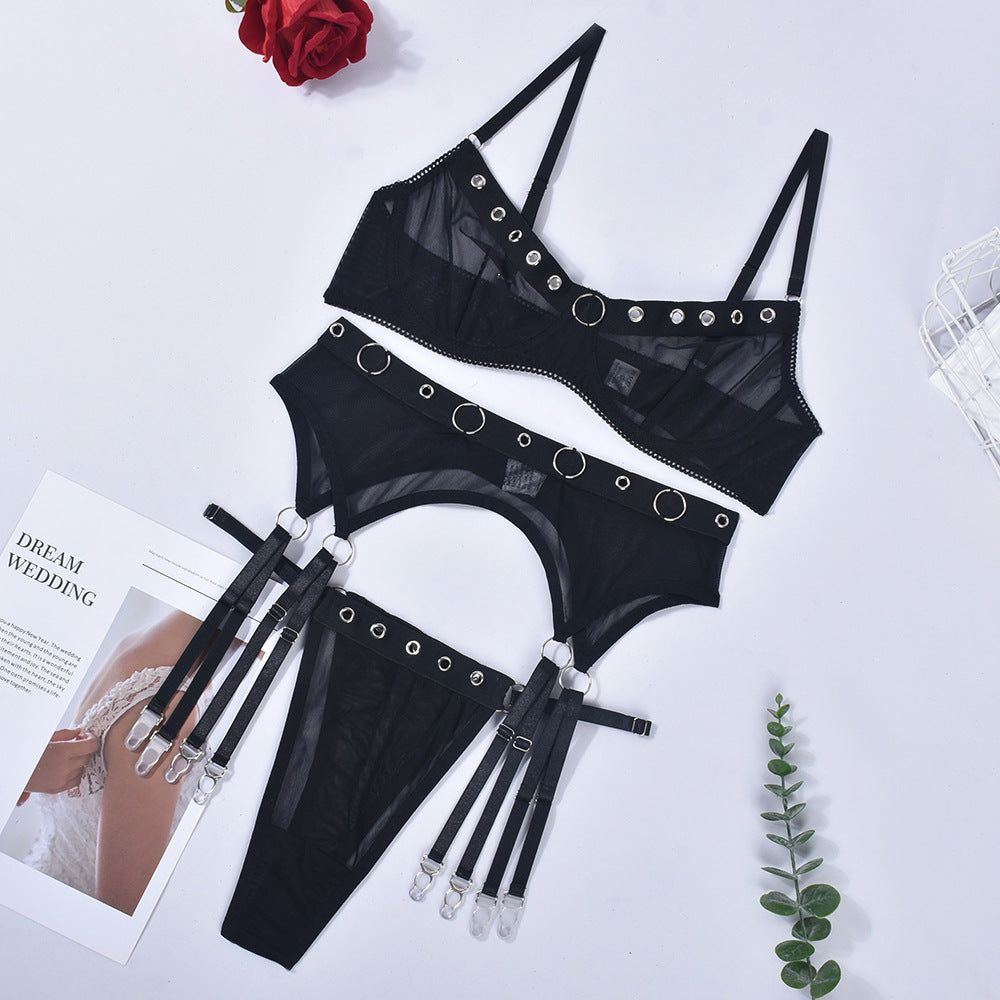 Lace Perspective Metal Buckle Suspender Three-piece Set For Women