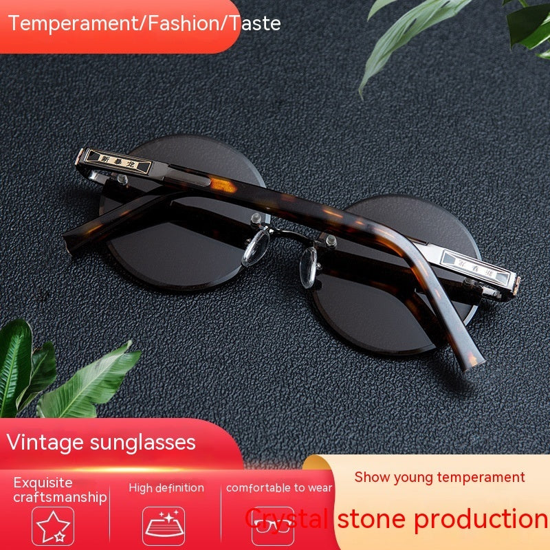 Retro Frameless Round Crystal Glasses Stone Glasses