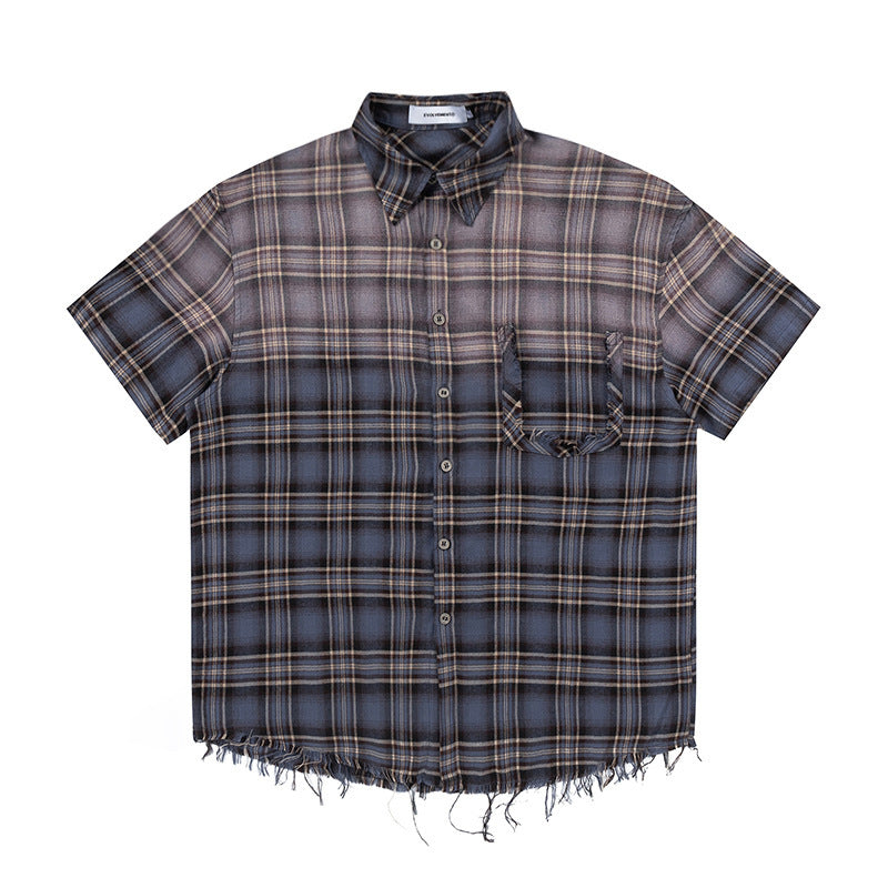 Gradient Short Sleeve Plaid Shirt Men
