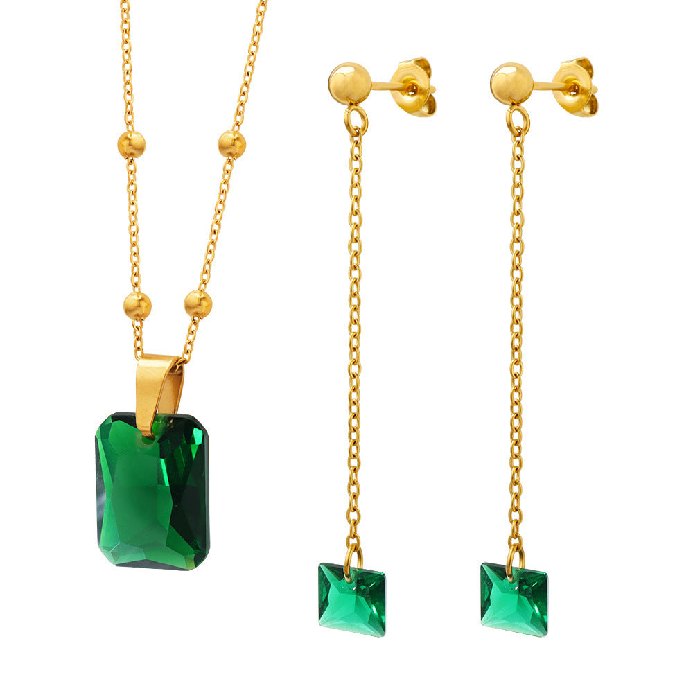 Emerald Zircon Pendant Necklace Earring Jewelry Set